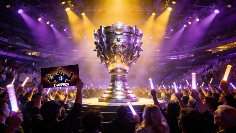 电竞比赛现场观众热烈欢呼，舞台灯光璀璨，聚焦于中央巨大的冠军奖杯
