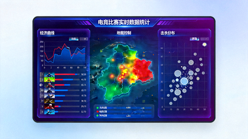 数据可视化大屏展示复杂的电竞比赛实时数据统计，包括经济曲线、地图控制和击杀分布