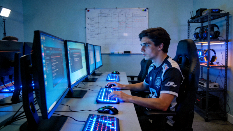 职业电竞选手正在训练基地内专注操作，面前是多屏显示器和专业外设